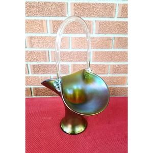 Loetz Antique Late 1800s Green Carnival Glass Basket